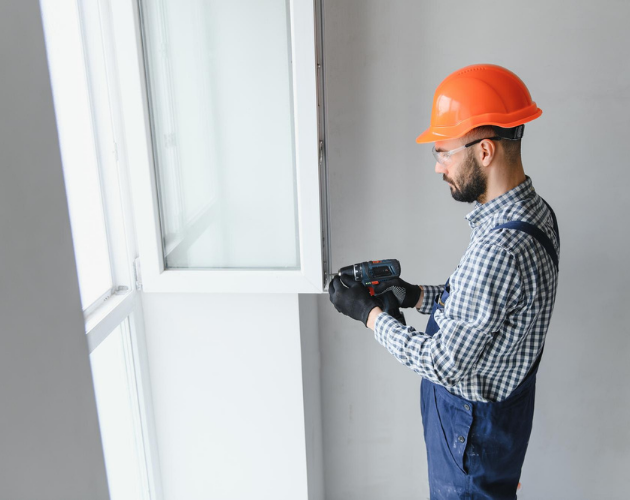 Window installer fixing glass panel with power drill