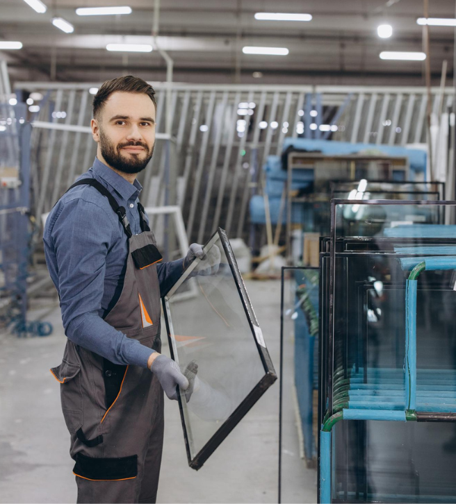 Skilled workers handling custom glass panels in workshop