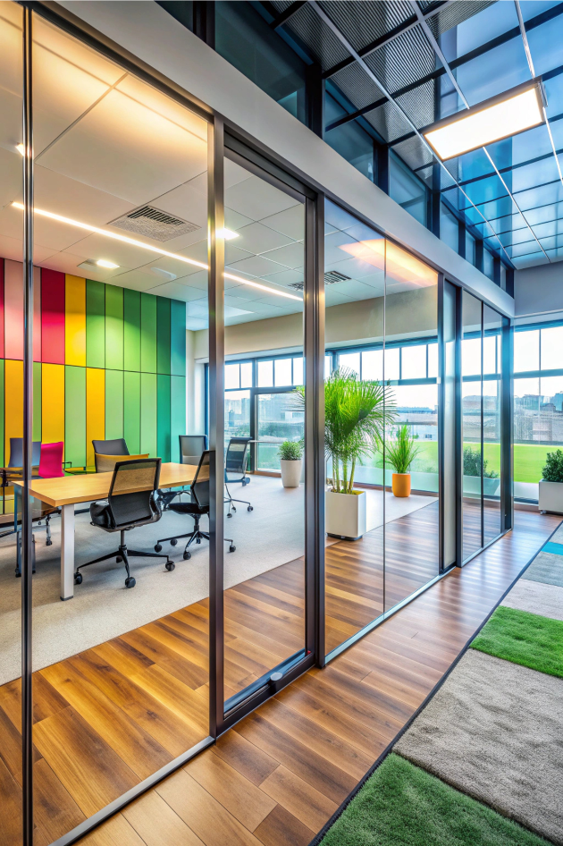 Interior office glass partitions with modern workspace design
